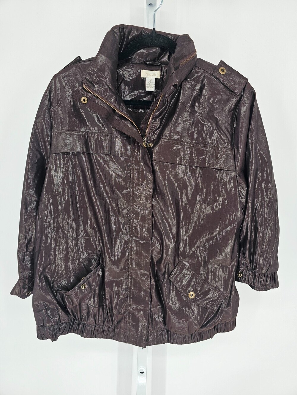 Chicos Large 2 Brown Shiny Metallic Lined Hooded Jacket/Coat Blouse Shirt Top